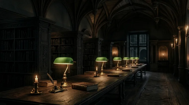 Historic reading room at night — row of brass lamps along mahogany table