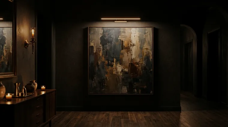 Private art gallery at night — single masterpiece under curated lighting