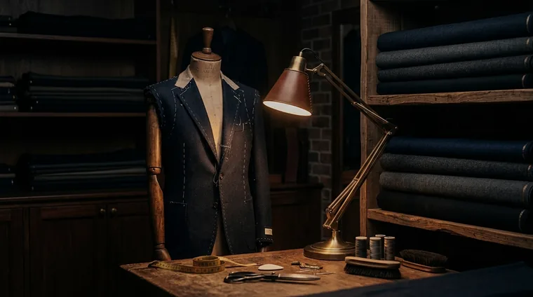 Bespoke tailoring atelier at night — fabrics and jacket on mannequin